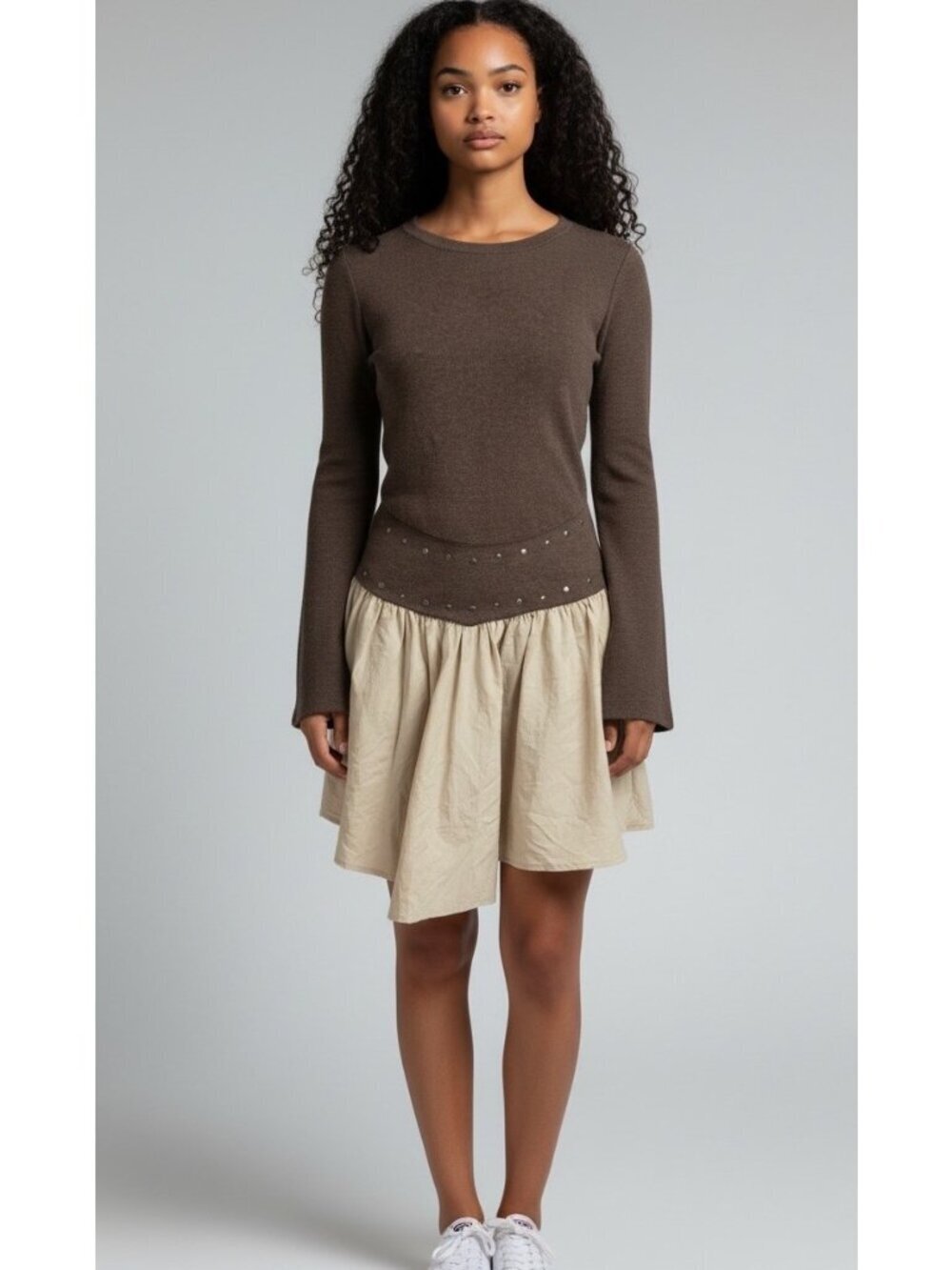 NEW Zara Brown Long Sleeve Knit Top With Beige Flared Skirt Stud Details Size L